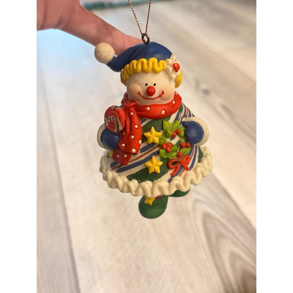 Vintage Style Snowman Clown Christmas Ornament Blue Red Striped Ceramic Figurine